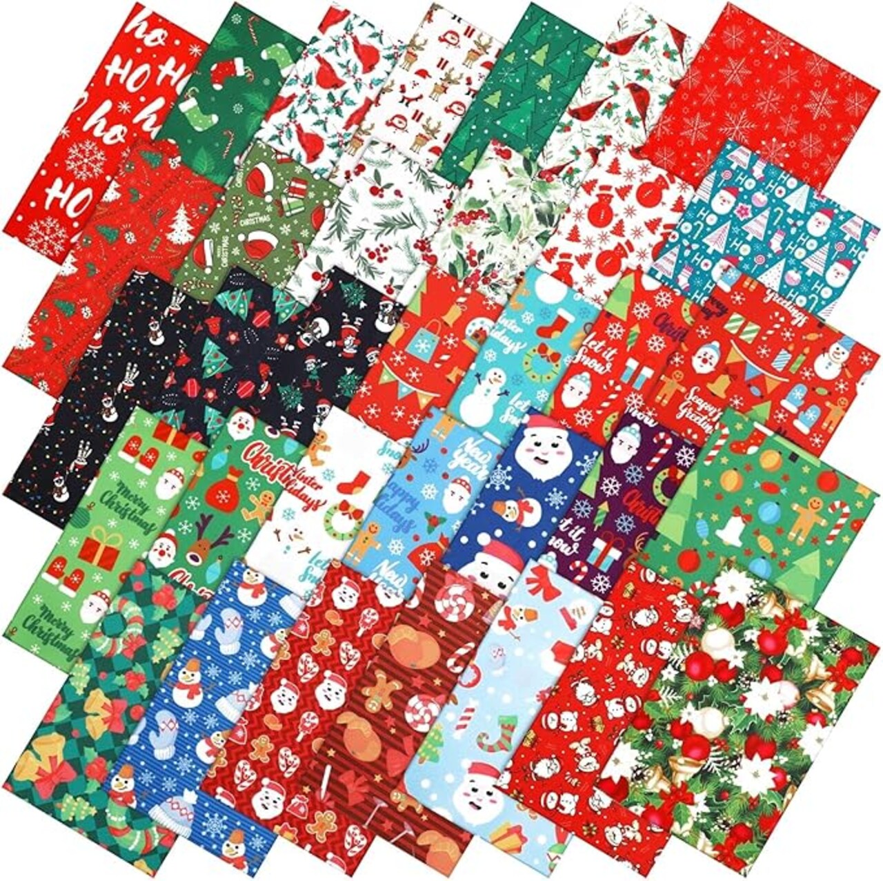 100 Pcs 8 x 8 Inches Christmas Fabric Bundles Fat Quarters Santa Claus Precut Fabric Bundle Squares Xmas Tree Snowman Printed Sewing Patchwork Fabric Winter Fabric for Xmas DIY Crafts Quilting